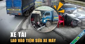 Thót tim xe tải húc gãy trụ đèn, lao vào tiệm sửa xe ở Củ Chi